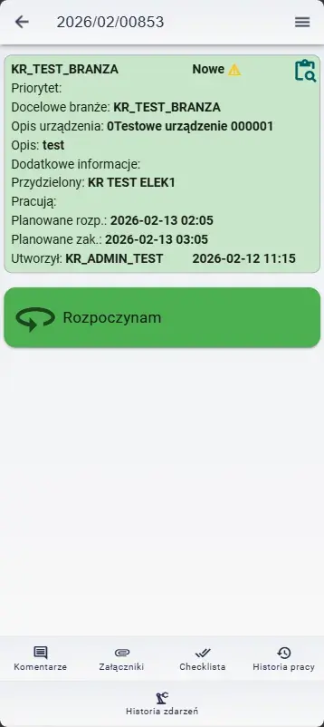 Aplikacja mobilna CMMS – szczegóły zlecenia z przyciskiem rozpoczęcia pracy