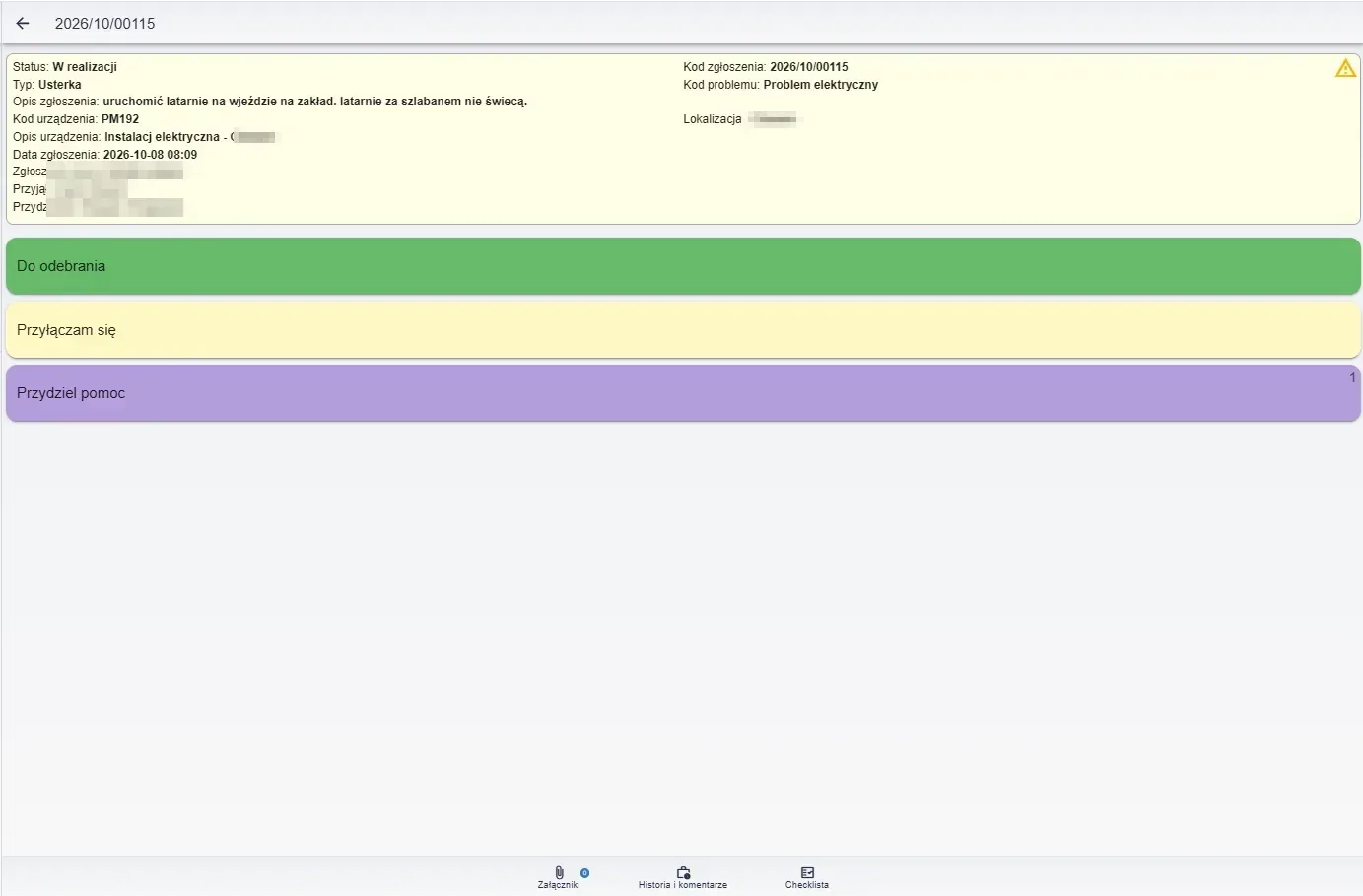 Szczegóły zlecenia na tablecie – status, opis usterki, lokalizacja oraz załączniki, historia i checklista