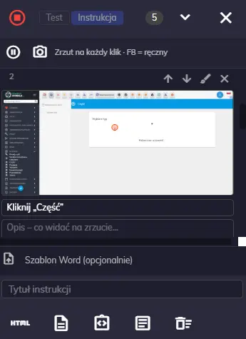 Panel nagrywania instrukcji w systemie CMMS SimplyMobile — nagrany krok ze zrzutem ekranu, tytułem i opisem