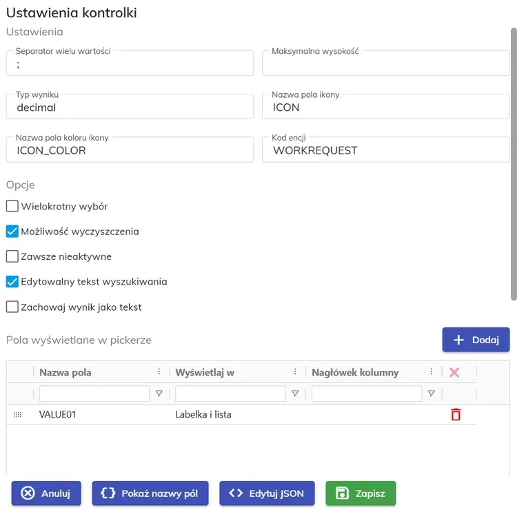 Ustawienia kontrolki (pickera) w SimplyMobile — pola wyświetlane i konfiguracja