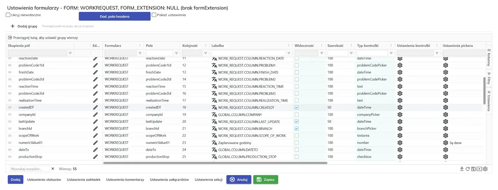 Ustawienia formularza w SimplyMobile — pola, etykiety, widoczność, typy kontrolek i szerokości