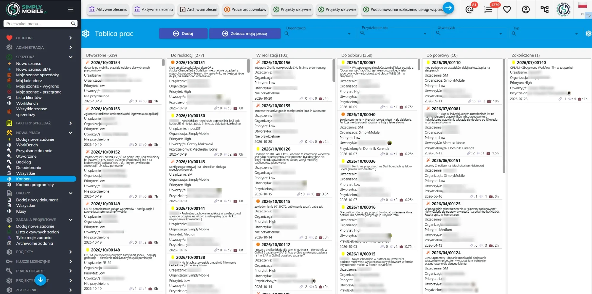 Tablica pracy (kanban) w SimplyMobile — zlecenia w kolumnach statusów