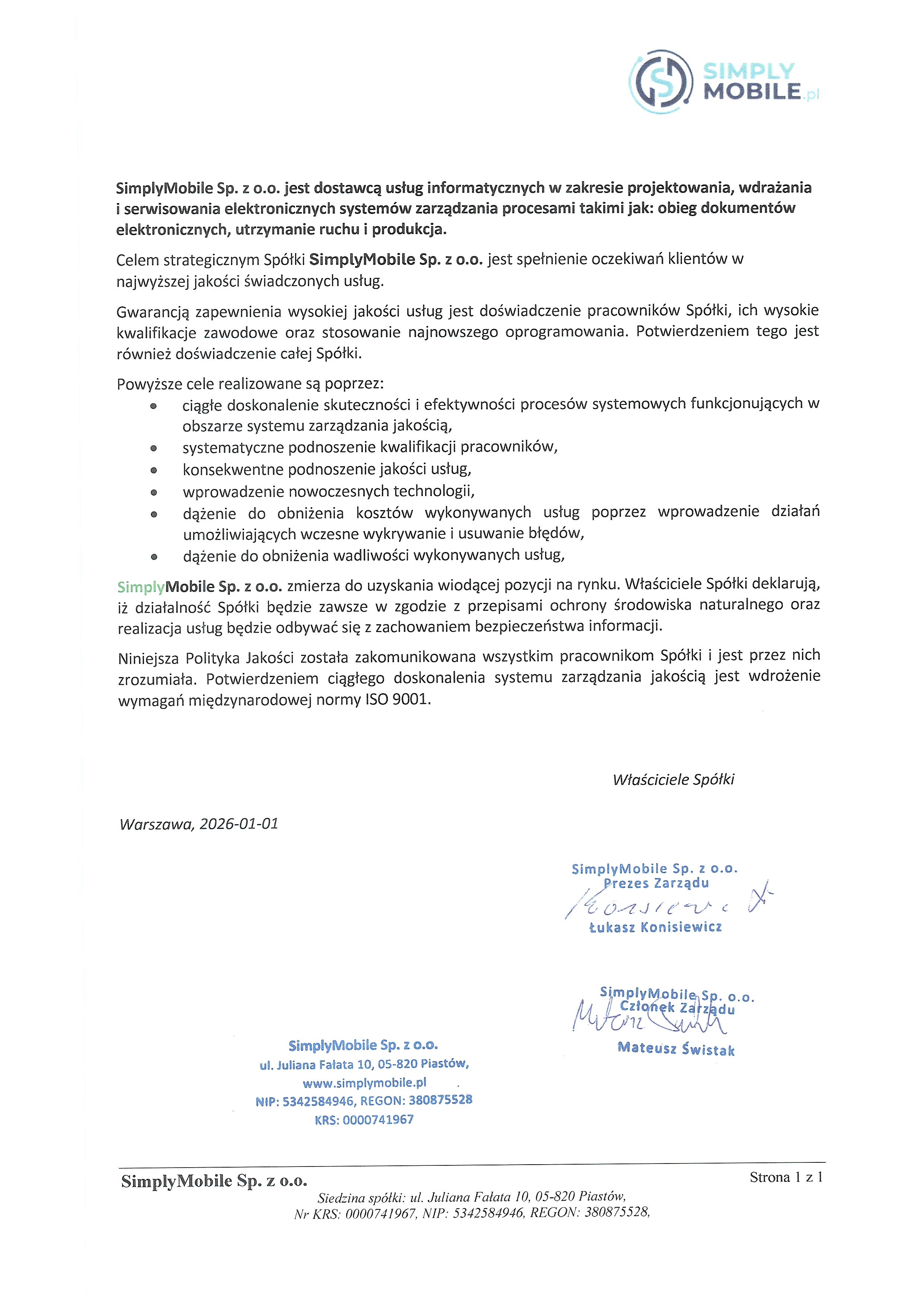 Polityka Jakości SimplyMobile