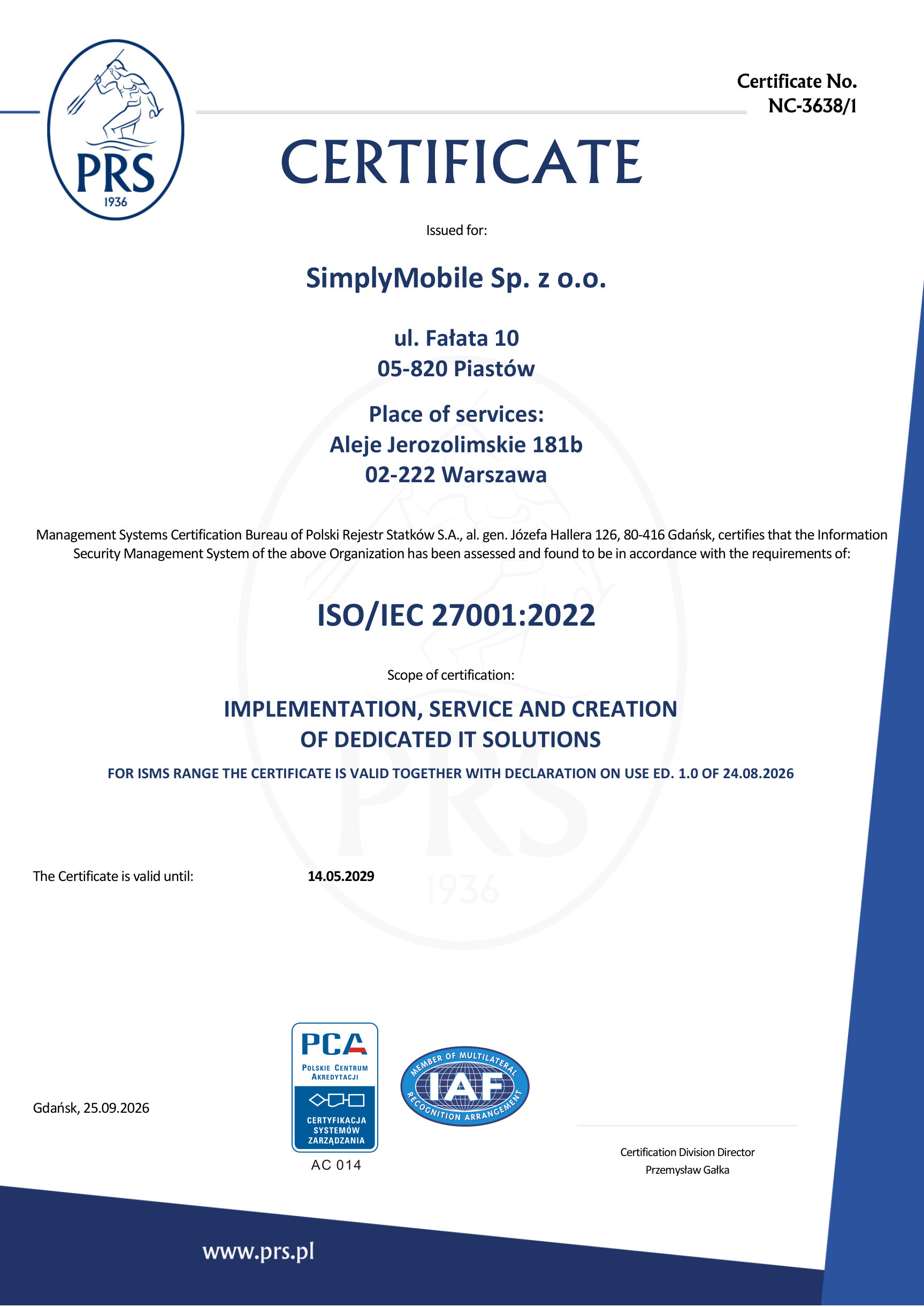 Certyfikat ISO/IEC 27001:2022 firmy SimplyMobile (PRS, nr NC-3638/1)