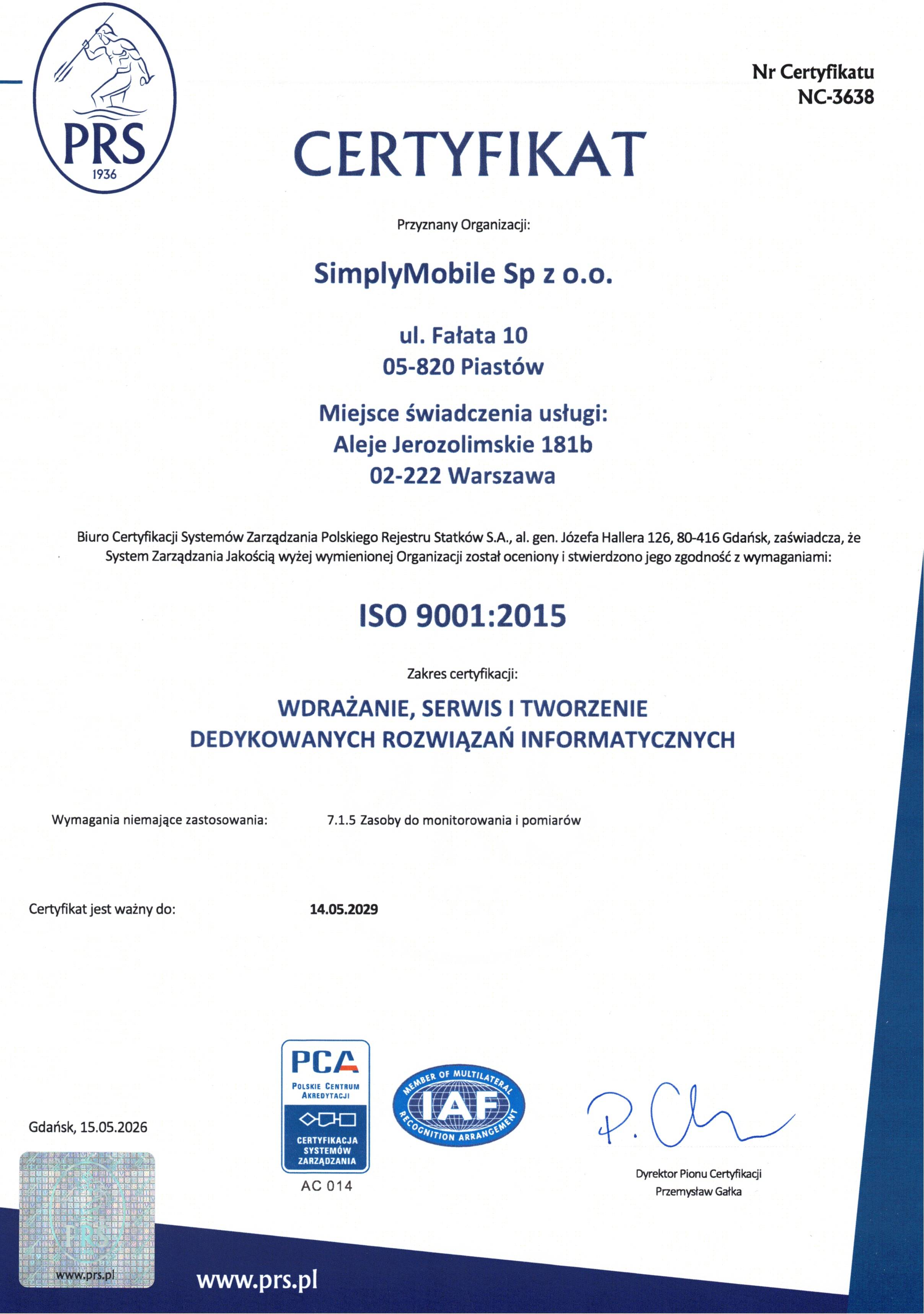 Certyfikat ISO 9001:2015 firmy SimplyMobile (PRS, nr NC-3638)